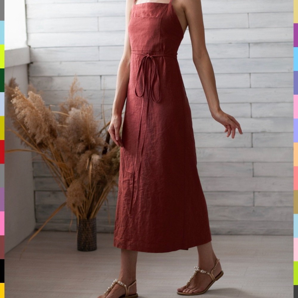 Handmade tomato-red linen apron dress